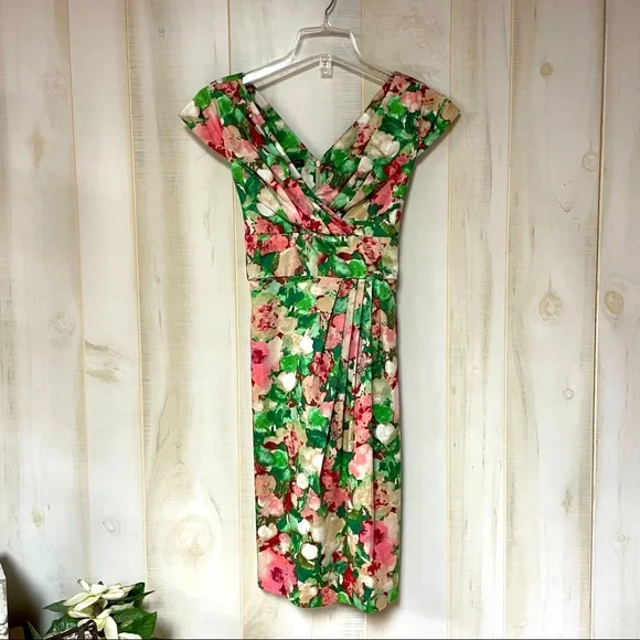 Talbots | Dresses | Talbots Green Pink Floral Sweetheart Neckline Tie Back  Dress Sz 4p Cross Front | Poshmark
